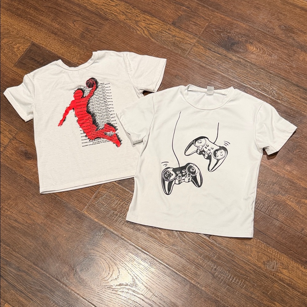 Kids White Graphic T-shirts Basketball Silhouette & gaming controller 6Y